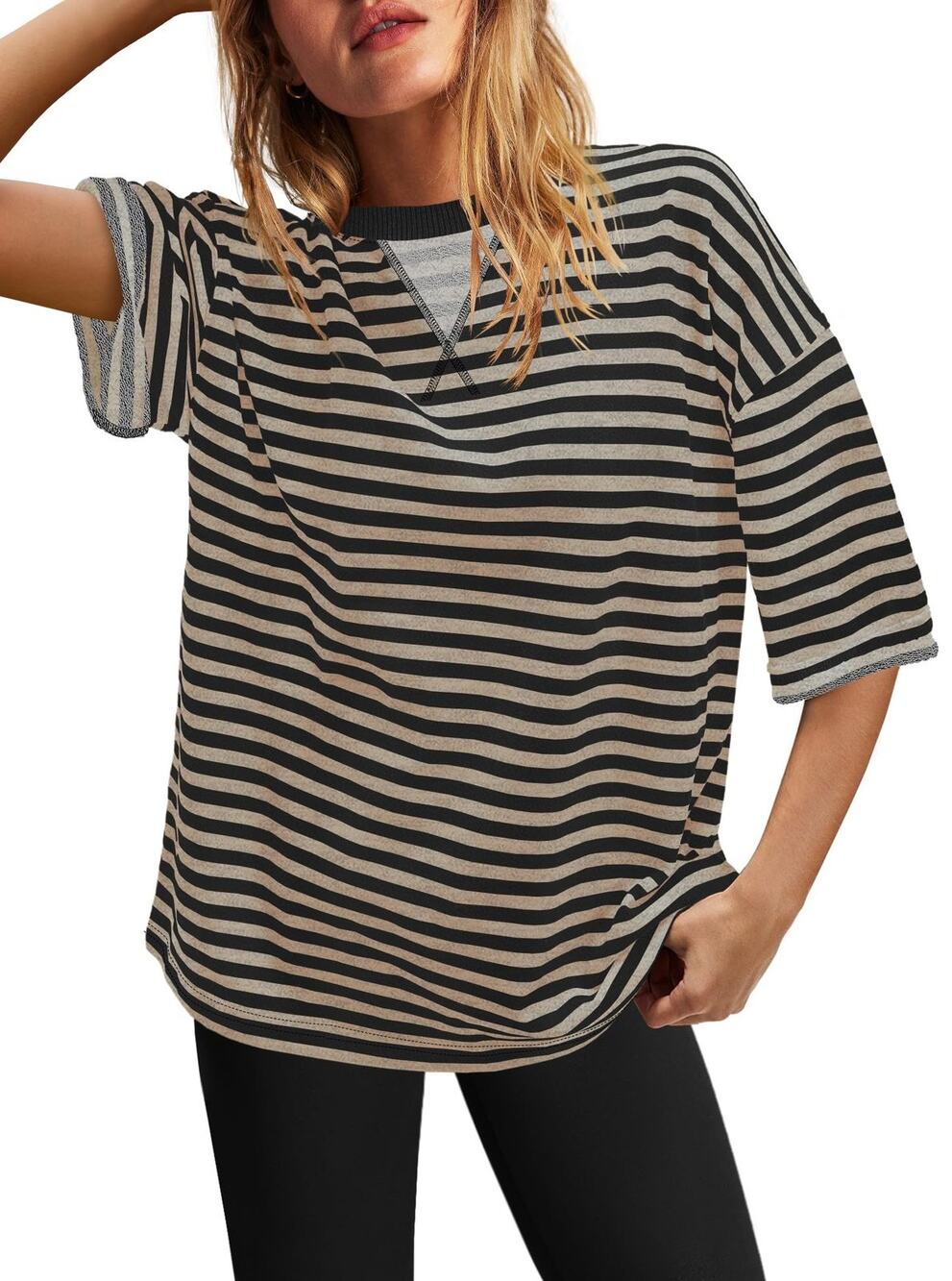 Womens T Shirt L Black Tan Striped V Neck Pullover Short Sleeve Relaxed Fit